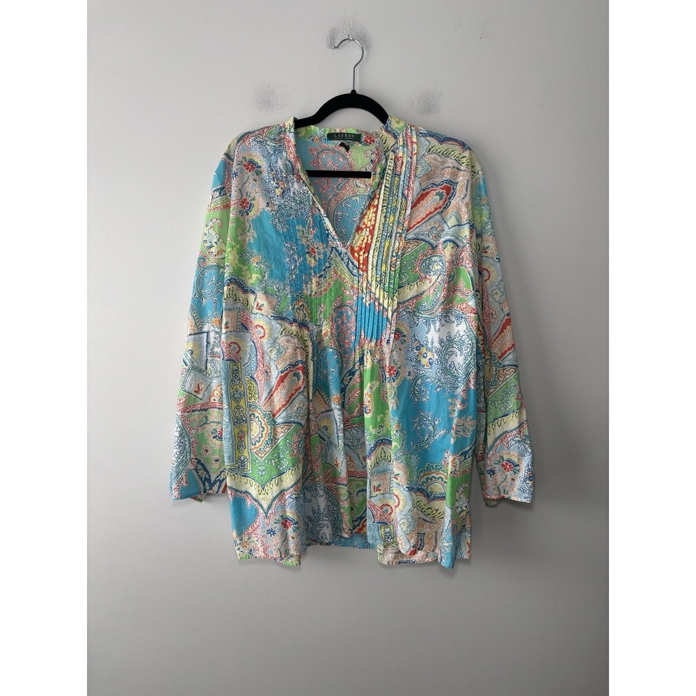 Ralph Lauren Paisley Print Popover Blouse Pleated Cotton Long‎ Sleeve Size 1X